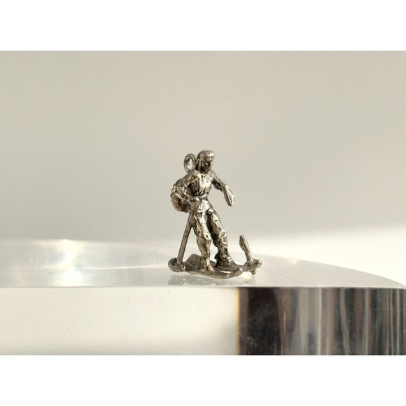 Turquoise Accented Antiqued Sterling Silver Skiier Vintage Pendant | Charm - Picture 4 of 14